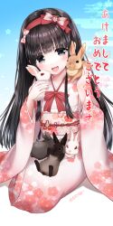 Rule 34 | 1girl, :d, absurdres, animal, animal on lap, animal on shoulder, black hair, bow, chinese zodiac, commentary request, egasumi, floral print, grey eyes, hairband, highres, japanese clothes, kimono, long hair, long sleeves, looking at viewer, nengajou, new year, obi, omoomomo, on lap, open mouth, original, pink kimono, print kimono, rabbit, red bow, red hairband, sash, smile, solo, striped bow, striped clothes, striped hairband, translation request, very long hair, white kimono, wide sleeves, year of the rabbit