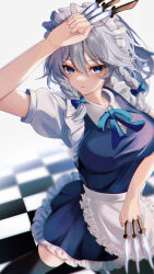Rule 34 | absurdres, aidaosamuaya, apron, arm above head, between fingers, black thighhighs, blue dress, blue eyes, bow, braid, breasts, checkered floor, collar, dress, expressionless, frilled dress, frills, from above, grey hair, highres, holding, holding knife, izayoi sakuya, knife, knives between fingers, large breasts, looking at viewer, maid, maid apron, maid headdress, neck ribbon, puffy short sleeves, puffy sleeves, ribbon, short sleeves, thighhighs, touhou, twin braids, waist apron, white apron