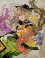Rule 34 | 1girl, :d, arlmuffin, bad id, bad pixiv id, blonde hair, commentary request, green skirt, hat, highres, long hair, long sleeves, looking at viewer, matara okina, nail polish, open mouth, skirt, smile, solo, tabard, touhou, wide sleeves, yellow eyes