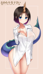 Rule 34 | 1girl, artist name, black hair, blue eyes, bottomless, breasts, cleavage, collarbone, commentary, cowfee, dragon girl, dress shirt, elma (maidragon), english commentary, eyes visible through hair, gradient hair, highres, horns, kobayashi-san chi no maidragon, looking at viewer, medium breasts, multicolored hair, purple hair, shirt, short hair, simple background, single horn, sleeves past wrists, smile, solo, tail, white shirt
