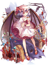 Rule 34 | &gt;:(, 1girl, ascot, bat (animal), bat wings, bird, birdcage, blush, cage, closed mouth, cross, cup, flower, frilled shirt, frills, frown, full body, hat, hat ribbon, highres, kita (kitairoha), light purple hair, looking at viewer, mob cap, petticoat, puffy short sleeves, puffy sleeves, red eyes, red flower, red footwear, red rose, remilia scarlet, ribbon, rose, shirt, shoes, short hair, short sleeves, skirt, skirt set, solo, teacup, tombstone, touhou, v-shaped eyebrows, white shirt, white skirt, wings, wrist cuffs