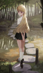 Rule 34 | 1girl, absurdres, arms behind back, black skirt, blonde hair, closed mouth, cotta (heleif), day, forest, from behind, full body, highres, kneehighs, kneepits, long hair, looking at viewer, looking back, nature, original, outdoors, pleated skirt, red eyes, shirt, short sleeves, skirt, smile, socks, solo, stepping stones, tree, water, white shirt, white socks