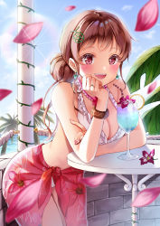 Rule 34 | 1girl, :d, absurdres, bare arms, bare shoulders, bikini, bracelet, breasts, brown hair, cleavage, cup, day, drinking glass, drinking straw, earrings, flower, frilled bikini, frills, hair bun, hair ornament, hand up, highres, jewelry, leaf, leaning forward, long hair, looking at viewer, medium breasts, nail polish, open mouth, original, outdoors, petals, pink flower, plant, red eyes, ring, sarong, single hair bun, smile, solo, swimsuit, table, tropical drink, vines, white bikini, wine glass, yoshida iyo