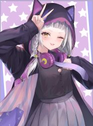 Rule 34 | 1girl, absurdres, grey hair, headphones, highres, hololive, long hair, long sleeves, looking at viewer, murasaki shion, one eye closed, open mouth, smile, solo, virtual youtuber, yellow eyes, yuge (setsura)