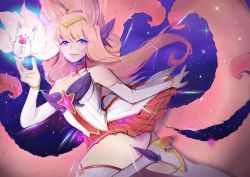Rule 34 | 1girl, ahri (league of legends), alternate costume, alternate hair color, animal ears, boots, breasts, cleavage, fox ears, fox tail, league of legends, long hair, looking at viewer, magical girl, medium breasts, nail polish, parted lips, pink hair, purple eyes, skirt, smile, solo, star guardian (league of legends), star guardian ahri, tail, thigh boots, thighhighs, tiara