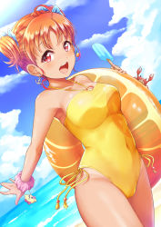 Rule 34 | 1girl, :d, ahoge, alternate hairstyle, anchor earrings, animal, armpits, bare shoulders, blue sky, blush, bow, breasts, casual one-piece swimsuit, charm (object), cleavage, cloud, collarbone, covered navel, cowboy shot, crab, day, dutch angle, earrings, food, food-themed earrings, food themed earrings, hair bun, hat, hat bow, highres, holding, holding food, innertube, jewelry, kanabun, looking at viewer, love live!, love live! school idol festival, love live! sunshine!!, medium breasts, mismatched earrings, ocean, one-piece swimsuit, open mouth, orange-shaped earrings, orange hair, outdoors, parted bangs, popsicle, red eyes, round teeth, scrunchie, short hair, side-tie swimsuit, sky, smile, solo, straw hat, swim ring, swimsuit, takami chika, tan, tanline, tareme, teeth, thighs, upper body, water, wrist scrunchie, yellow bow, yellow one-piece swimsuit