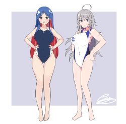 Rule 34 | 2girls, absurdres, ahoge, blue eyes, blue hair, blue one-piece swimsuit, breasts, closed mouth, competition swimsuit, full body, grey hair, hair between eyes, hand on own chest, hands on own hips, highres, kantai collection, large breasts, long hair, multicolored clothes, multicolored hair, multicolored swimsuit, multiple girls, noruren, one-piece swimsuit, open mouth, purple eyes, red hair, south dakota (kancolle), swimsuit, tagme, washington (kancolle), white one-piece swimsuit