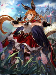 Rule 34 | 10s, 1girl, :d, aa44, belt, black gloves, black thighhighs, blue sky, book, breasts, brown hair, cape, castle, clarisse (granblue fantasy), cloud, day, flower, frills, gloves, granblue fantasy, grass, green eyes, hair ribbon, highres, holding, holding book, long hair, looking at viewer, medium breasts, open book, open mouth, petals, ponytail, ribbed sweater, ribbon, side ponytail, sky, smile, solo, sweater, thighhighs, vial