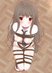 Rule 34 | arms behind back, bdsm, between breasts, bondage, bound, bound ankles, bound arms, bound legs, bound torso, breasts, breasts out, chair, crotch rope, hamuta (machosbrown), highres, legs together, light brown hair, long hair, looking at viewer, medium breasts, necktie, necktie between breasts, no pants, open clothes, open shirt, original, panties, red eyes, shoes, sitting, underwear