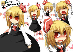 Rule 34 | &gt; &lt;, 1girl, blonde hair, blush, embodiment of scarlet devil, expressions, closed eyes, fang, fangs, female focus, hair ribbon, heart, mizuki (lv43), mizuki (sitename), multiple views, outstretched arms, red eyes, ribbon, rumia, short hair, spread arms, standing, tears, touhou, translation request, white background