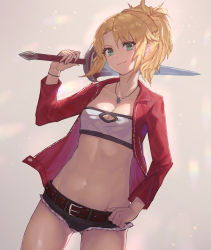 Rule 34 | 1girl, aito, bandeau, beige background, belt, blonde hair, braid, breasts, brown belt, cleavage, collarbone, commentary request, denim, denim shorts, fate/grand order, fate (series), fur trim, green eyes, highres, holding, holding sword, holding weapon, jacket, jewelry, long hair, looking at viewer, medium breasts, midriff, mordred (fate), mordred (fate/apocrypha), mordred (memories at trifas) (fate), navel, necklace, ponytail, red jacket, short shorts, shorts, simple background, smile, solo, stomach, strapless, sword, tube top, weapon