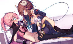 Rule 34 | 2girls, ahoge, beize (garbage), belt, blue eyes, blush, bow, breasts, brown hair, cape, chiyoda momo, collar, couch, cross hair ornament, demon girl, demon horns, demon tail, eye contact, flat chest, girl on top, hair ornament, horns, kneeling, large breasts, long hair, looking at another, machikado mazoku, multiple girls, navel, no shoes, pillow, pink hair, ponytail, scar, scared, simple background, sweat, tail, tail wrap, tears, thighhighs, thong, topless, undressing, wavy mouth, white background, yellow eyes, yoshida yuuko (machikado mazoku), you gonna get raped, yuri