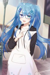 Rule 34 | 1girl, :d, ahoge, arm behind back, black sleeves, blue-framed eyewear, blue eyes, blue hair, character request, collarbone, dress, fang, floating hair, glasses, hair ornament, heterochromia, highres, hood, hood down, hooded dress, long hair, long sleeves, looking at viewer, open mouth, outdoors, saka nanato, skin fang, smile, solo, standing, twintails, very long hair, white dress