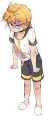 Rule 34 | 1boy, black shorts, blonde hair, blue eyes, blush, closed mouth, full body, highres, kagamine len, leaning forward, looking at viewer, male focus, medium bangs, medium hair, necktie, pout, shirt, short ponytail, short sleeves, shorts, shu187, simple background, slippers, solo, standing, v, vocaloid, white background, white footwear, white shirt, yellow necktie