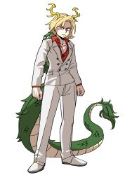 Rule 34 | 1girl, absurdres, alternate costume, antlers, blonde hair, closed mouth, commentary, commission, contrapposto, cosplay, dragon horns, dragon tail, eddybird55555, english commentary, frown, full body, furrowed brow, glaring, highres, horns, jacket, kicchou yachie, kiryu kazuma, kiryu kazuma (cosplay), long sleeves, looking at viewer, pants, parted bangs, red eyes, ryuu ga gotoku (series), serious, short hair, simple background, solo, standing, suit jacket, tail, touhou, turtle shell, v-shaped eyebrows, white background, white pants, wing collar