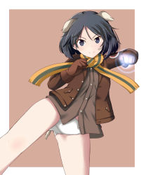 Rule 34 | 10s, animal ears, bandaid, bandaid on face, black eyes, black hair, brave witches, gloves, highres, jacket, kanno naoe, military, military uniform, mono (mono60), panties, scarf, solo, strike witches, tail, underwear, uniform, world witches series