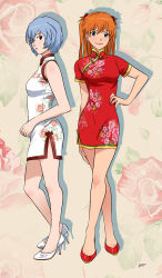 Rule 34 | 2girls, ayanami rei, bare arms, bare legs, bare shoulders, blue eyes, blue hair, blue nails, blush, body blush, braid, breasts, china dress, chinese clothes, dress, female focus, floral print, flower (symbol), full body, hair between eyes, hand on own hip, high heels, highres, legs, long hair, long legs, looking at viewer, lost one zero, multiple girls, nail polish, neon genesis evangelion, orange hair, red eyes, red footwear, red nails, scrunchie, short hair, smile, souryuu asuka langley, twin braids, twintails, white footwear