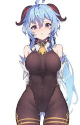Rule 34 | :o, ahoge, bare shoulders, bell, black legwear, blue hair, blush, bodystocking, bodysuit, bow, breasts, cameltoe, covered navel, crotch, detached sleeves, embarrassed, ganyu (genshin impact), genshin impact, gluteal fold, gold trim, horns, leotard, leotard under clothes, long hair, looking at viewer, medium breasts, neck bell, open mouth, pelvic curtain, purple eyes, sidelocks, solo, standing, thigh gap, thighlet, white background, white sleeves, yuzuruka (bougainvillea)