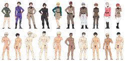Rule 34 | 6+boys, 6+girls, abs, absurdres, arm up, bandages, bare arms, bare legs, belt, beret, black hair, blonde hair, blue eyes, blue pants, boots, brown eyes, brown hair, closed mouth, clothed female nude male, crotch, dark skin, feet, fingerless gloves, flaccid, foreskin, glans, gloves, grey hair, groin, hand on face, hand on own hip, hat, headphones, high heels, highres, ichan, ichan-desu, jacket, large penis, looking at viewer, mechanical legs, military, military hat, military jacket, military uniform, multiple boys, multiple girls, multiple penises, multiple views, muscular, navel, necktie, nipples, nude, official art, pale skin, pants, parted lips, pectorals, penis, pink hair, pink jacket, pubic hair, red hair, salute, scar, scar on face, sgt crisis, shoes, short hair, simple background, skirt, smile, spiked hair, standing, stiletto heels, stomach, tan, tanline, tattoo, teeth, testicles, thighs, uniform, urethra, veins, veiny penis, white background, white pants