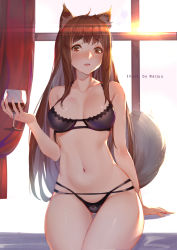 Rule 34 | 1girl, alcohol, animal ears, artist name, black bra, black panties, blush, bra, breasts, brown eyes, brown hair, collarbone, cowboy shot, cup, drinking glass, fingernails, holding, holding cup, holding drinking glass, holo, indoors, long fingernails, long hair, looking at viewer, medium breasts, navel, nose blush, open mouth, panties, raijuu (bakanara), solo, spice and wolf, standing, tail, underwear, window, wine, wine glass, wolf ears, wolf tail