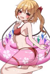 Rule 34 | 1girl, absurdres, ass, barefoot, bat earrings, bikini, breasts, commentary, cowboy shot, earrings, fang, flandre scarlet, from side, hair ribbon, highres, holding, holding swim ring, innertube, jewelry, kiui (dagk8254), looking at viewer, medium hair, navel, open mouth, red bikini, red ribbon, ribbon, simple background, small breasts, smile, solo, standing, string bikini, sweat, swim ring, swimsuit, thigh strap, touhou, white background