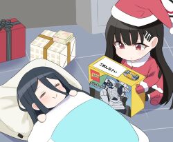 Rule 34 | 2girls, aris (blue archive), avant garde (blue archive), black hair, blanket, blue archive, blush, box, closed eyes, closed mouth, gift, gift box, hair between eyes, hat, highres, holding, holding box, long hair, long sleeves, lying, mittens, multiple girls, on back, pillow, red eyes, red footwear, red headwear, red mittens, rio (blue archive), santa costume, santa hat, sashu (thershr6s), sleeping, smile, squatting, under covers, very long hair