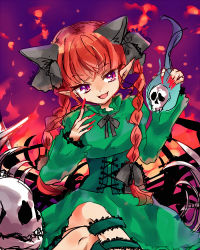Rule 34 | 1girl, :d, animal ears, bow, braid, cat ears, dress, extra ears, fingernails, fire, green dress, holding, kaenbyou rin, long fingernails, nail polish, open mouth, pointy ears, red eyes, red hair, red nails, skull, smile, solo, touhou, tsukikusa, twin braids
