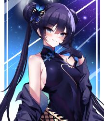 Rule 34 | 1girl, absurdres, armpits, black coat, black dress, black gloves, black hair, blue archive, butterfly hair ornament, china dress, chinese clothes, coat, commentary request, double bun, dress, gloves, grey eyes, groin, hair between eyes, hair bun, hair ornament, halo, highres, kisaki (blue archive), long hair, long sleeves, looking at viewer, open clothes, open coat, pelvic curtain, print dress, seabread, side slit, sidelocks, sleeveless, sleeveless dress, sleeveless turtleneck, smile, solo, turtleneck, twintails