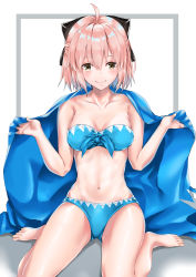 Rule 34 | 1girl, absurdres, ahoge, bandeau, bare arms, bare legs, bare shoulders, barefoot, bikini, black bow, blanket, blue bikini, blush, bow, breasts, brown eyes, cleavage, collarbone, commentary request, fate/grand order, fate (series), front-tie bikini top, front-tie top, hair between eyes, hair bow, hands up, haori, highres, japanese clothes, looking at viewer, medium breasts, navel, okita souji (fate), okita souji (koha-ace), pink hair, shadow, short hair, sitting, smile, solo, stomach, strapless, strapless bikini, swimsuit, thighs, wariza, yu sa1126