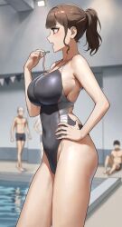 Rule 34 | 1girl, 3boys, anteiru, bare arms, bare shoulders, black one-piece swimsuit, blurry, blurry background, breasts, brown eyes, brown hair, commentary, competition swimsuit, covered navel, cowboy shot, fingernails, from side, hand on own hip, hand up, highleg, highleg swimsuit, highres, holding, holding whistle, indoors, large breasts, long fingernails, looking ahead, mole, mole on breast, multiple boys, one-piece swimsuit, open mouth, original, pool, profile, short hair, short ponytail, sideboob, solo focus, string of flags, swimsuit, water, whistle, whistle around neck