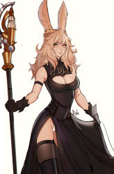 Rule 34 | 1girl, absurdres, animal ears, armband, bare shoulders, beige background, black dress, black gloves, black thighhighs, blonde hair, boots, breasts, cleavage, cleavage cutout, clothing cutout, cosplay, distr, dress, eyes visible through hair, facial hair, final fantasy, final fantasy xiv, gloves, highres, holding, holding staff, large breasts, leotard, long hair, looking at viewer, nier:automata, nier (series), parted lips, rabbit ears, see-through, sign, signature, simple background, sketch, smile, solo, staff, standing, thighhighs, thighhighs under boots, turtleneck, viera, white leotard, yellow eyes