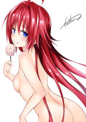 Rule 34 | 1girl, ahoge, ass, back, blue eyes, blush, breasts, candy, food, hair between eyes, highres, kurosaki mea, lollipop, long hair, nude, red hair, simple background, solo, to love-ru, to love-ru darkness, tongue, very long hair, white background