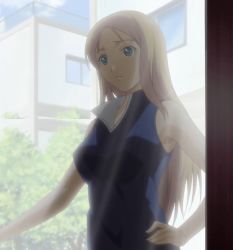 Rule 34 | 1girl, blonde hair, breasts, date wingfield reiko, fault!!, green eyes, hand on own hip, highres, large breasts, long hair, sleeveless, solo, stitched, third-party edit