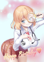 Rule 34 | 1girl, bent over, blonde hair, blue eyes, bob cut, breasts, brown skirt, collared shirt, commentary request, english text, grin, hair ornament, happy birthday, highres, holding, holding magnifying glass, hololive, hololive english, large breasts, looking at viewer, magnifying glass, miniskirt, mochiya verbeta, necktie, pleated skirt, red necktie, shirt, short hair, skirt, smile, virtual youtuber, watson amelia, white shirt