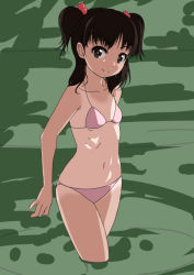Rule 34 | 1girl, bad id, bad pixiv id, bikini, black hair, brown eyes, cropped legs, flat chest, green background, long hair, navel, original, pink bikini, rohitsuka, solo, swimsuit, tan, tanline, twintails, two side up, wading
