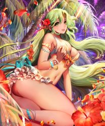 Rule 34 | 1girl, :d, anklet, arm support, armlet, artist name, bare shoulders, beads, bikini, bracelet, caesty, clenched hand, coin (ornament), earclip, eyelashes, floating hair, flower, frilled bikini, frills, front-tie bikini top, front-tie top, green eyes, green hair, hair between eyes, hair flower, hair ornament, hair ribbon, half updo, hibiscus, jewelry, light particles, long hair, looking at viewer, matching hair/eyes, navel, night, night sky, open mouth, outdoors, palm tree, petals, purple sky, red flower, ribbon, sengoku saga, sitting, sky, smile, solo, stomach, swimsuit, tree, tropical, very long hair, watermark, web address, white bikini, yokozuwari
