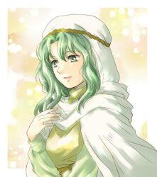 Rule 34 | 1girl, breasts, cape, dress, fire emblem, fire emblem: thracia 776, green eyes, green hair, hand on own chest, hood, large breasts, long hair, looking to the side, nintendo, parted lips, safy (fire emblem), solo, usachu now, white cape, yellow dress
