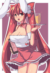 Rule 34 | 1girl, :d, animal ears, blush, breasts, rabbit ears, cleavage, clipboard, di gi charat, dice, dress, flying sweatdrops, glass, hair ornament, heart, holding, large breasts, long hair, open mouth, outline, pink hair, red eyes, saiste, smile, solo, tray, twintails, usada hikaru, very long hair, waitress