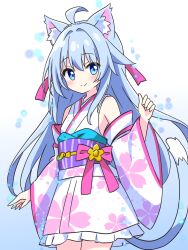 1girl ahoge animal_ear_fluff animal_ears blue_eyes blue_hair blush cat_ears cat_girl cat_tail cowboy_shot detached_sleeves frilled_kimono frills hair_ribbon highres japanese_clothes kimono kotatsu-mazoku long_hair long_sleeves looking_to_the_side obi original ribbon sash short_kimono sleeveless sleeveless_kimono smile solo tail very_long_hair wide_sleeves