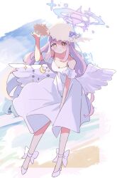 Rule 34 | 1girl, arm up, beach, blue archive, blush, breasts, bright pupils, cleavage, closed mouth, collarbone, dress, feathered wings, floating cape, full body, halo, hat, high heels, highres, long hair, low wings, medium breasts, mika (blue archive), pink hair, rco as, sidelocks, skirt, smile, solo, straw hat, white dress, wing ornament, wings, yellow eyes