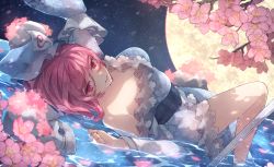 Rule 34 | 1girl, absurdres, blue kimono, breasts, cherry blossoms, chiroru (cheese-roll), cleavage, closed mouth, frilled kimono, frills, full moon, highres, japanese clothes, kimono, looking at viewer, lying, medium breasts, moon, night, night sky, off shoulder, on back, petals, pink eyes, pink hair, saigyouji yuyuko, sky, solo, touhou, water, wet, wet clothes, wet hair
