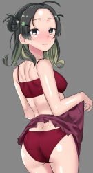 Rule 34 | 1girl, ahoge, bad id, bad twitter id, black hair, blush, bra, breasts, closed mouth, clothes lift, double bun, forehead, from behind, gradient hair, green hair, grey background, grey eyes, hair bun, hair ornament, hairclip, head tilt, highres, kantai collection, lifting own clothes, looking at viewer, makinami (kancolle), medium breasts, medium hair, multicolored hair, panties, pleated skirt, purple skirt, red bra, red panties, simple background, skirt, skirt lift, solo, tirasi (so), underwear