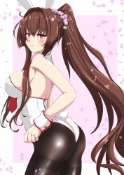 Rule 34 | 1girl, absurdres, adapted turret, alternate costume, animal ears, ass, black pantyhose, bow, bowtie, brown hair, cherry blossoms, covered navel, detached collar, fake animal ears, fake tail, flower, hair flower, hair ornament, highleg, highleg leotard, highres, kantai collection, leotard, long hair, nitamako (sakamalh), pantyhose, pink background, playboy bunny, ponytail, rabbit ears, rabbit tail, smile, solo, strapless, strapless leotard, tail, traditional bowtie, white background, white leotard, wrist cuffs, yamato (kancolle)