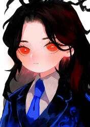 Rule 34 | 1girl, blue jacket, blue necktie, brown hair, closed mouth, collared shirt, elena (project moon), formal, highres, jacket, library of ruina, long hair, looking at viewer, mochigome 138, necktie, portrait, project moon, red eyes, shirt, solo, suit, white background, white shirt