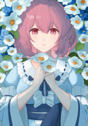 Rule 34 | 1girl, absurdres, aqua background, arm garter, arm ribbon, blue background, blue kimono, blue ribbon, blush, breasts, collar, eyebrows hidden by hair, flower, flower bed, flower request, forget-me-not (flower), frilled collar, frills, hair between eyes, hatoda kaka, highres, holding, holding flower, japanese clothes, kimono, long sleeves, looking at viewer, medium breasts, no headwear, obi, parted lips, pink eyes, pink hair, ribbon, ribbon-trimmed collar, ribbon trim, saigyouji yuyuko, sash, short hair, simple background, solo, touhou, upper body, wide sleeves