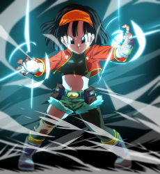 Rule 34 | 1girl, ankle boots, asymmetrical legwear, attack, aura, belt, black eyes, black hair, black legwear, blurry, boots, child, closed mouth, collarbone, crop top, cupping hands, dark background, depth of field, dragon ball, dragon ball heroes, energy ball, eyelashes, fanny pack, fighting stance, fingerless gloves, fingernails, flat chest, floating hair, full body, glint, gloves, glowing, green shorts, grey footwear, grey gloves, hairband, hands up, jacket, knee pads, legs apart, light rays, looking at viewer, midriff, navel, open clothes, open jacket, orange hairband, own hands together, pan (dragon ball), pan (xeno), red jacket, rom (20), shaded face, short hair, shorts, smile, socks, solo, standing, straight hair, tight clothes, uneven legwear, v-shaped eyebrows, white socks