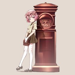 Rule 34 | 1girl, bag, black footwear, blvefo9, brown shirt, brown skirt, closed mouth, collared shirt, commentary request, gloves, grey background, head tilt, heart, highres, looking at viewer, original, pantyhose, pink hair, pink headwear, postbox (outgoing mail), purple eyes, shadow, shirt, shoes, short sleeves, shoulder bag, skirt, smile, solo, standing, standing on one leg, striped clothes, striped skirt, translation request, vertical-striped clothes, vertical-striped skirt, white gloves, white pantyhose