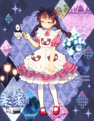 Rule 34 | alice (alice in wonderland), alice (alice in wonderland) (cosplay), alice in wonderland, braid, commentary, cosplay, crossover, dav-19, english commentary, full body, madotsuki, pantyhose, plant, pocket, sky, snowing, solo focus, standing, star (sky), starry sky, twin braids, watermark, web address, yume nikki