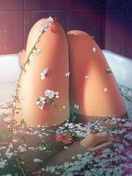 Rule 34 | 1girl, a.x., absurdres, barefoot, bathing, bathtub, black nails, completely nude, convenient censoring, female pov, flower, head out of frame, highres, indoors, legs together, legs up, lying, nail polish, nude, on back, original, partially submerged, plant, pov, solo, thighs, tile wall, tiles, vines, water, white flower