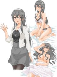 Rule 34 | absurdres, aftersex, alternate costume, anchor necklace, bare arms, bed sheet, before and after, black legwear, black shirt, blush, bra, breasts, brown eyes, cleavage, collarbone, cowboy shot, grey hair, grey skirt, hair ornament, hair over breasts, hairband, hairclip, haruna (kancolle), highres, jacket, kantai collection, large breasts, long hair, maonatten, naked sheet, necklace, open mouth, panties, pantyhose, pink bra, pink panties, polka dot, polka dot bra, polka dot panties, seiza, shirt, sitting, skirt, underwear, white hairband, white jacket